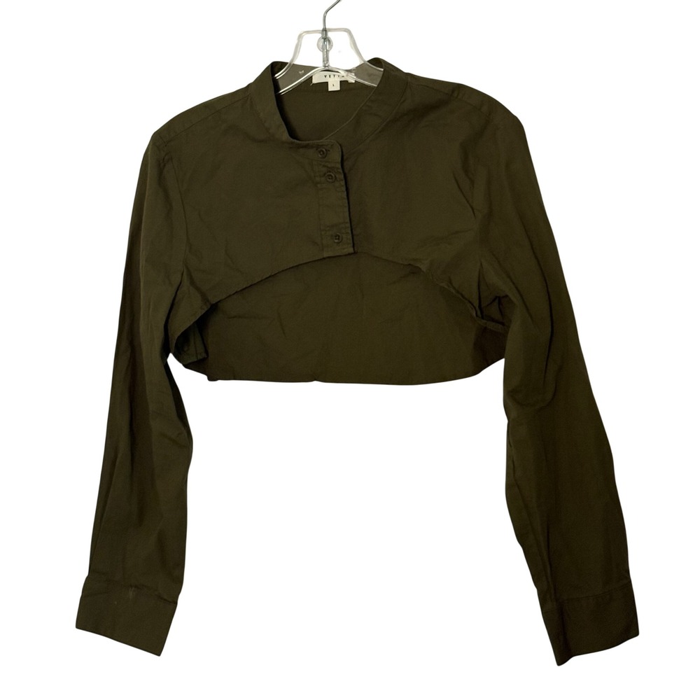 Vetta Capsule Long Sleeve Cropped Button Down Bolero Top Dark Olive - Large